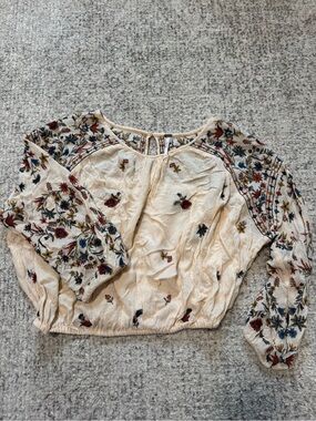 Free People Cream Boho Embroidered Balloon Sleeve Top